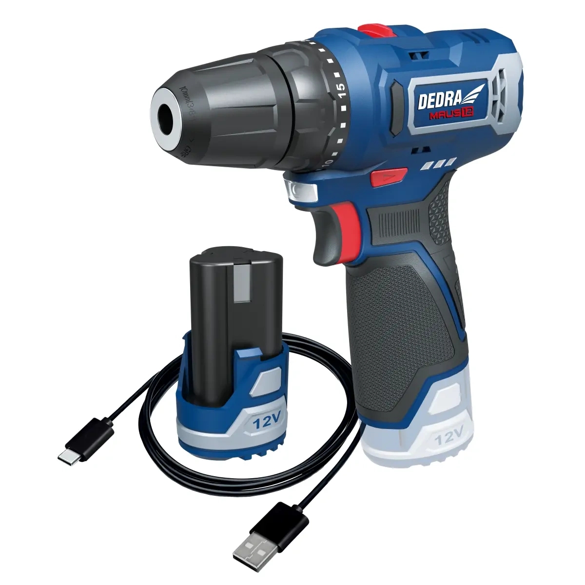 Sada 12 V DED7330 vŕtačka + DED7300 USB/C + DED7320 2,0 Ah